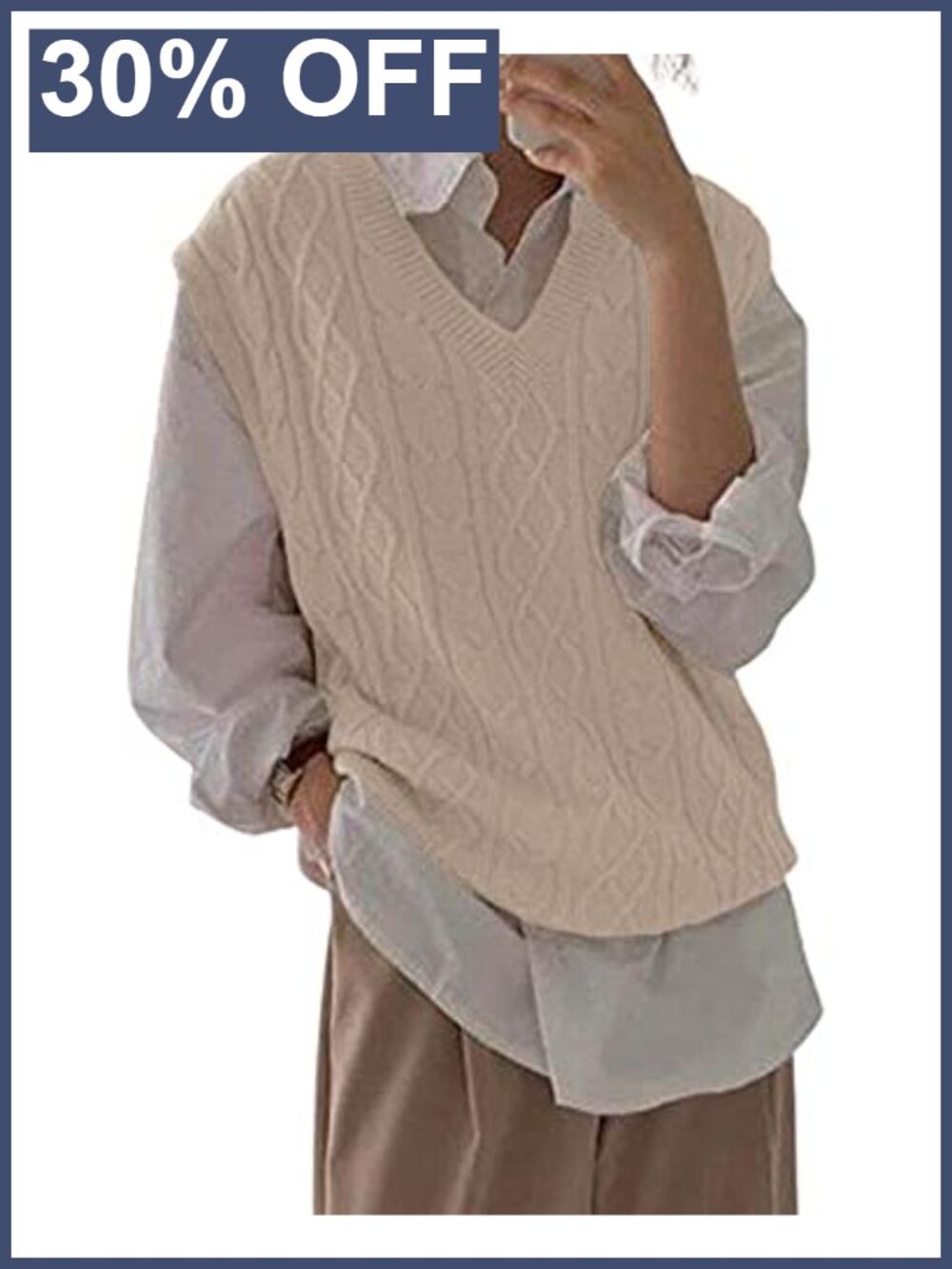 V Neck Cable Knit Sweater Vest Oversized Sleeveless Pullover Top